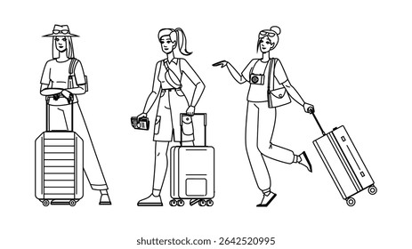 wanderlust woman travel suitcase vector. vacation getaway, packing destination, trip adventure wanderlust woman travel suitcase character. people black line pencil drawing illustration