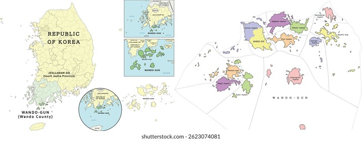 Wando-gun (Wando County) Lage auf Jeollanam-do (South Jeolla Province) und Republik Korea (Südkorea) Karte. Farbig. Vektorgrafik