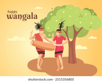 Wangala es un festival de la cosecha celebrado por la tribu Garo, que vive en Meghalaya, Nagaland y Assam en la India. Ilustración de hombre y mujer bailando. 