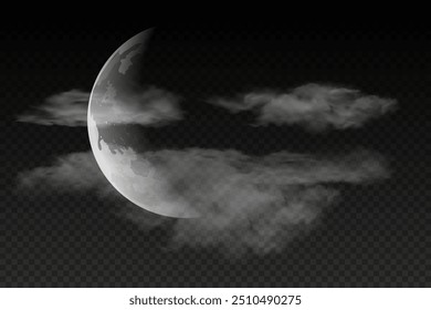 Waning crescent moon with clouds isolated on transparent background, stand alone clouds for your own design, 