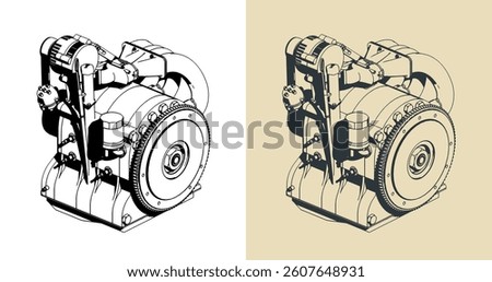Wankel rotary engine stylized vector illustrations