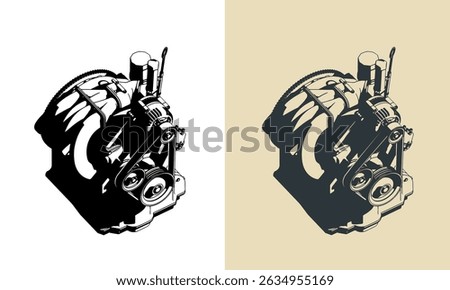 Wankel rotary engine stylized vector illustrations