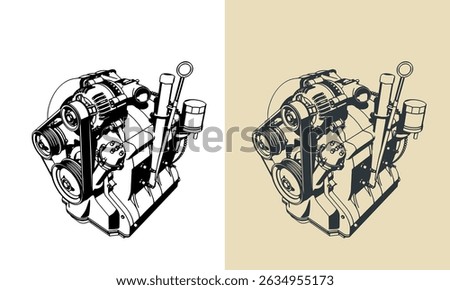 Wankel rotary engine stylized vector illustrations