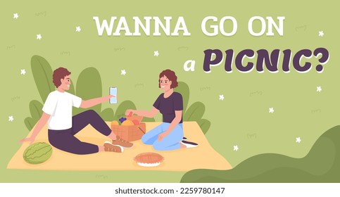 Wanna go on picnic flat vector banner template. Romantic date. Resting in park with best friend poster, leaflet printable color designs. Editable flyer page with text space. Pridi, Lemon fonts used