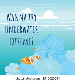 Wanna try underwater extreme social media post mockup. Motivational web banner design template. Social media booster, content layout. Inspirational poster, print ads with flat illustrations