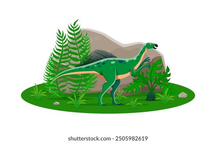 Wannanosaurus prähistorischen Dinosaurier Cartoon Charakter. Isolierte Vektor Pflanzenfresser alten Reptil Dino Tier in der natürlichen Umgebung mit grünen Pflanzen. Eidechse der späten Kreidezeit, Paläontologie