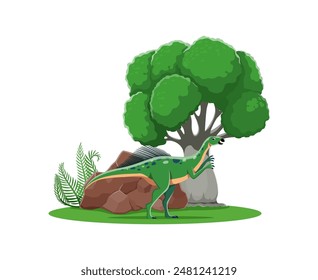 Wannasaurus prehistoric cartoon dinosaur. Vector green dino with blue spots and long neck standing at lush landscape with a large tree, ferns and a brown rock. Playful, vibrant ancient reptile animal