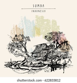 Wanokaka beach, West Sumba, Indonesia. Traditional bamboo houses and wooden fishing boats. Local men playng a game. Travel sketch. Hand drawn vintage greeting card, postcard, poster in vector