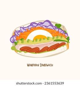 Wanpaku sando Japanese sandwich with egg, cabbage, bacon and avocado. Vector Asia fast food flat illustration isolated on white background