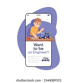 Want to be an engineer social media posts smartphone app screen. Mobile phone displays with cartoon characters design mockup. Robotic course application for children telephone interface