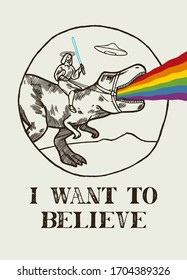 I want to believe. Jesus riding t-rex. Dinosaur is puking rainbow. UFO saucer flying in the sky. Funny Jesus on dino t-shirt print.