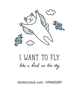 I want to fly. Cute white cat flying in the sky with funny birds. Doodle vector illustration