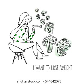 I Want To Lose Weight Illustration. Heath Food. Women Health. Girl With Broccoli