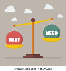 Want And Need Balance On The Scale. Business Concept