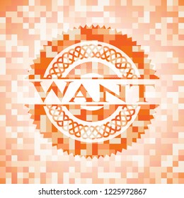 Want orange tile background illustration. Square geometric mosaic seamless pattern with emblem inside.