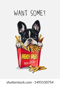 Quiero un eslogan con viñeta francesa bulldog en la ilustración de la caja de patatas fritas.