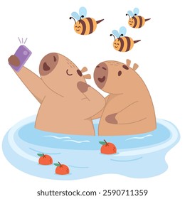 I want to take a selfie with you, capybaras in love, cute capybaras, sticker, selfie, photo, blogger, capybara, cheerful, romance, smiles, happy, capybara sticker, bees, group photo, curious bees