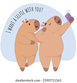 I want to take a selfie with you, capybaras in love, cute capybaras, sticker, selfie, photo, blogger, capybara, cheerful, romance, smiles, happy, capybara sticker