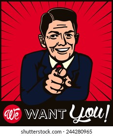 I want you! Retro businessman with pointing finger choosing candidate