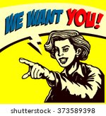 I want you! Retro businesswoman with pointing finger picking candidate for job vacancy, we're hiring sign comic book style vector illustration, join our team