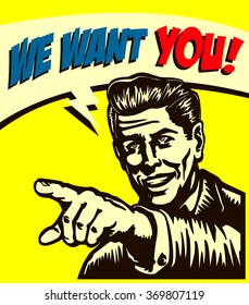 I want you! Vintage businessman with pointing finger picking candidate for job vacancy, we're hiring now sign comic book style vector illustration, join us