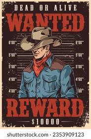 Wanted bandit vintage poster colorful to find cowboy who committed crime and promise of reward for capture vector illustration