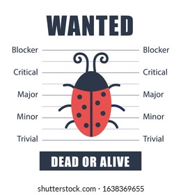 Wanted bug as symbol software testing, quality assurance, debugging. The priorities of the defect. Vector illustration in flat style on white background