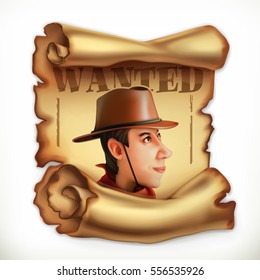 Wanted cowboy. Old paper scroll, 3d vector icon