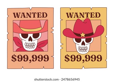 Wanted Cowboy Skull Vintage Western Poster in Groovy Style. Editable Stroke Vector Illustration.