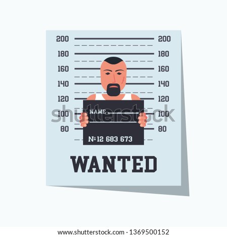 Wanted criminal. Placard template with arrested photo. Missing announce. Wanted man. Vector illustration flat design. Cash reward banner. Poster on wall. Crime outlaw. dangerous criminal.