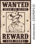 Wanted criminal vintage poster monochrome with portrait man killer or robber and offer reward for dead or alive vector illustration