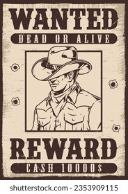 Wanted criminal vintage poster monochrome with portrait man killer or robber and offer reward for dead or alive vector illustration