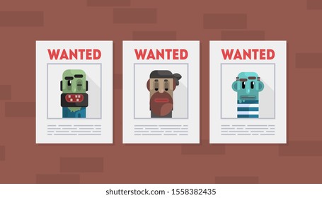 Wanted Criminals Banner Template, Placards with Arrested Men Photos Vector Illustration