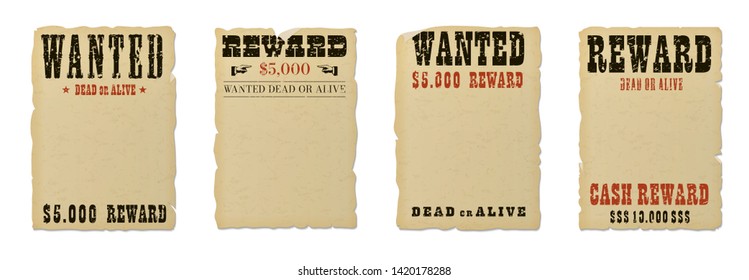 Wanted dead or alive blank poster template with grunge textured typography and ripped vintage faded yellow paper isolated on white background