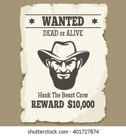 Wanted dead or alive icon. Vintage western poster with cowboy face. Vector illustration