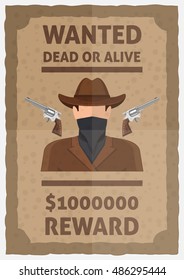 Wanted dead or alive poster with weapon man in scarf and hat reward in dollars vector illustration