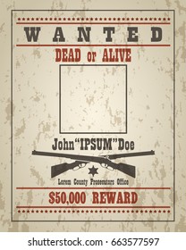 Wanted dead or alive western retro poster with grunge texture. Vector template with empty place your design.