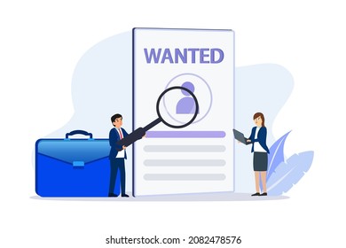Wanted employ vector concept: Businessman and businesswoman looking candidate application while using magnifying glass