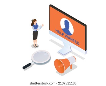 Wanted employ vector concept. Businesswoman showing candidates on the monitor while standing with megaphone and magnifying glass