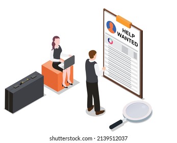 Wanted employ vector concept. Two people looking at candidate application on the clipboard while standing with magnifying glass