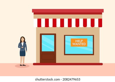 Wanted employ vector concept: Young woman looking at help wanted text on the window while standing in front of the door