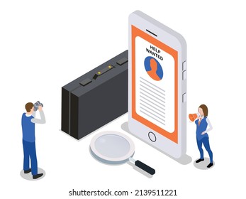 Wanted employ vector concept. Young businessman looking candidates with binocular on mobile phone screen while got announcement from a woman