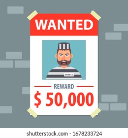 wanted flyer. search for a bandit. flat vector illustration.