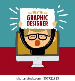 Wanted Graphic Designer Poster, Freehand Drawing Vector Illustration