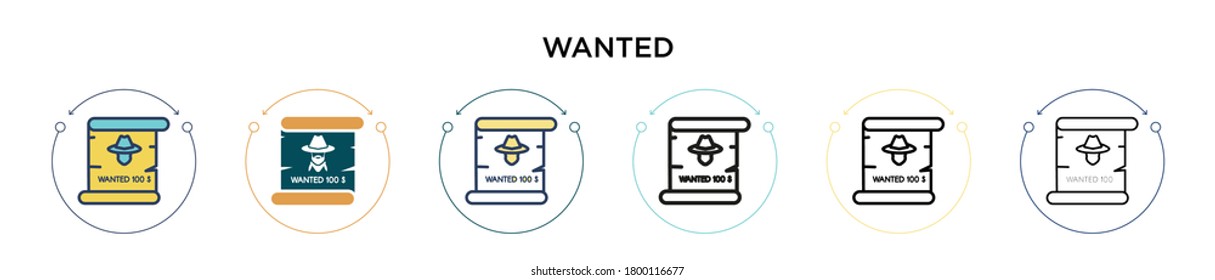 Wanted icon in filled, thin line, outline and stroke style. Vector illustration of two colored and black wanted vector icons designs can be used for mobile, ui, web
