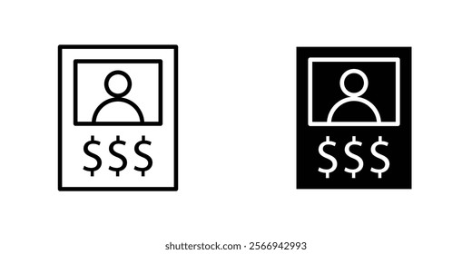 Wanted icons. black and white vector set.