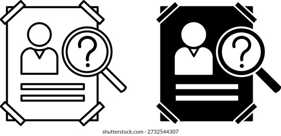 Se buscan iconos. Glifo y Ilustraciones vectoriales de línea. Cartel de Persona Buscada, Lupa con Signo de Interrogación. Investigación del crimen. Concepto de policía

