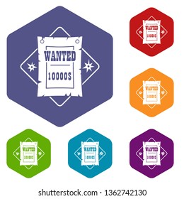 Wanted icons vector colorful hexahedron set collection isolated on white 