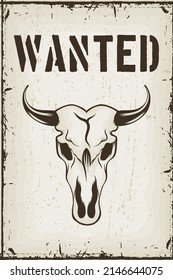 wanted label with bull skull poster