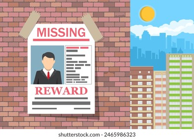 Wanted man paper poster. Missing announce on brick wall. Search for lost person in big city. Cityscape, sky with clouds. Vector illustration in flat style